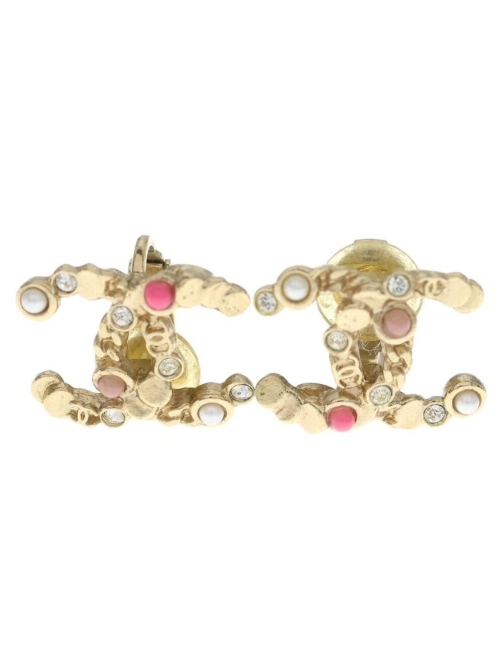 Chanel CC Logo Stone Pearl Earrings Gold Pink